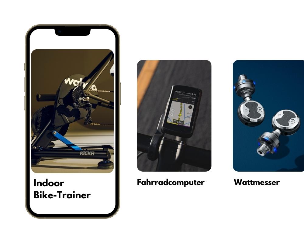 Eine Auswahl der Paceheads Abo Produkte. Indoor Bike-Trainer, Fahrradcomputer und Wattmesser