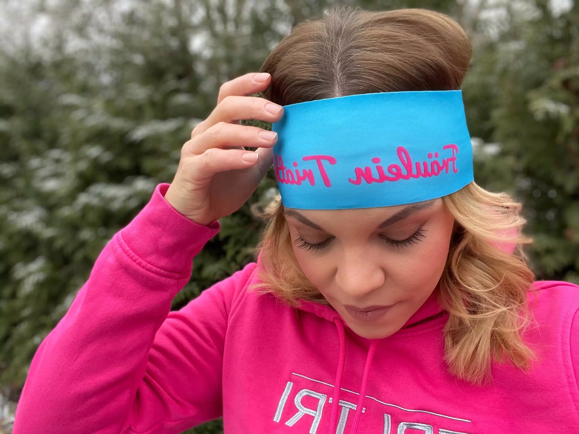 Fräulein Triathlon Stirnband blau am Kopf Frontansicht