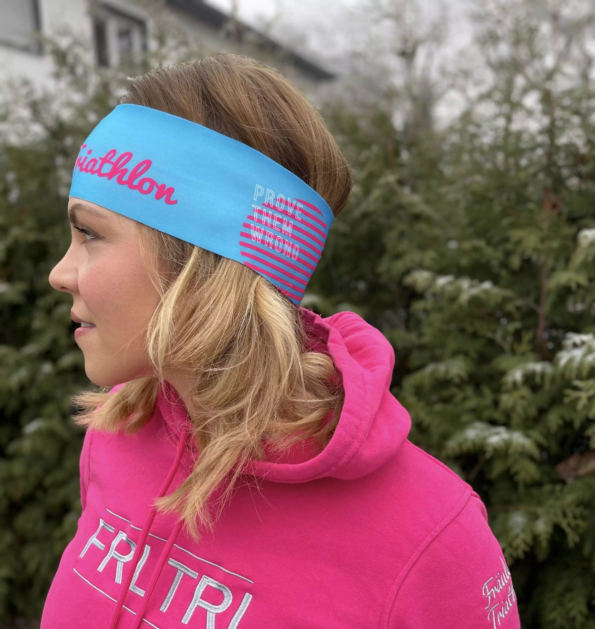 Fräulein Triathlon Stirnband blau am Kopf Seitenansicht